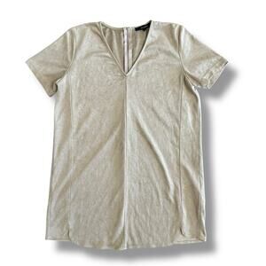 Oliveaceous Faux Suede Shift Dress M Taupe Beige‎ V-Neck Short Sleeve